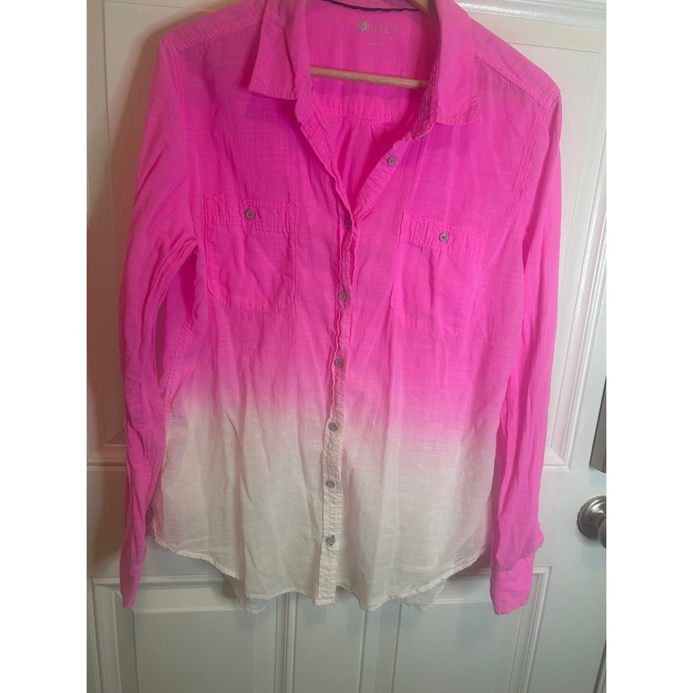 Stylus Button Down Shirt Pink White Ombre Cotton Gauze Long‎ Sleeve Top XL
